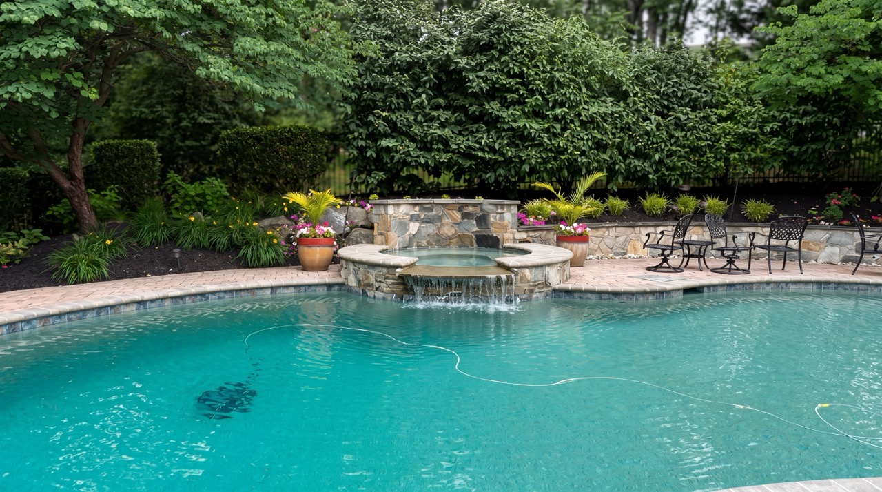 Backyard pool with stone water feature and surrounding plantings by Green Life Landscaping