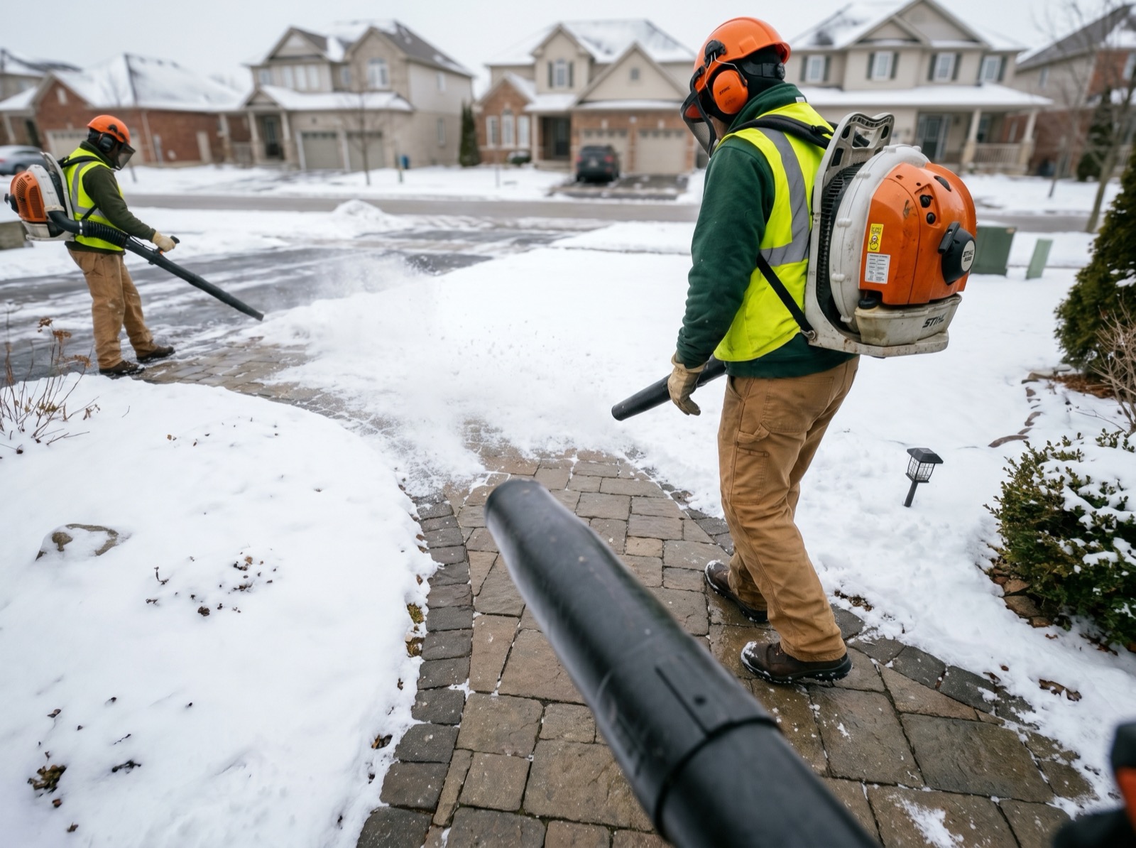 Crew clearing snow from paver walkways with backpack blowers